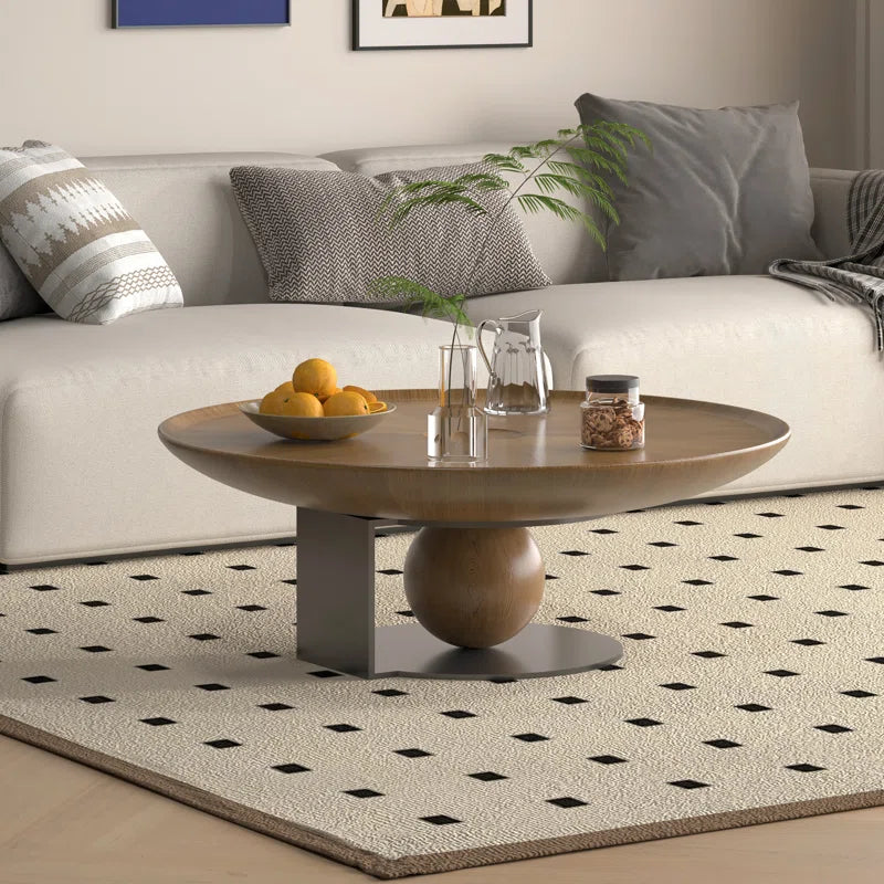 Walnut Round Solid Wood Coffee Table With Spherical Base, Carbon Steel