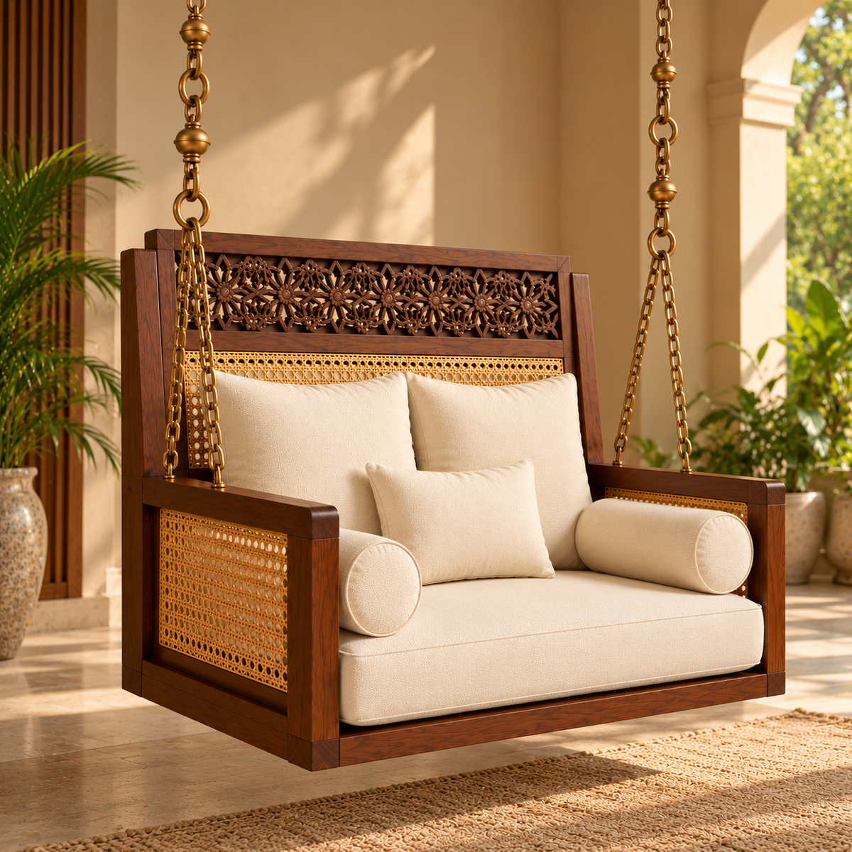 Wooden Swing Chair with Cushions, Carved Backrest & Cane Detailing for Living Room
