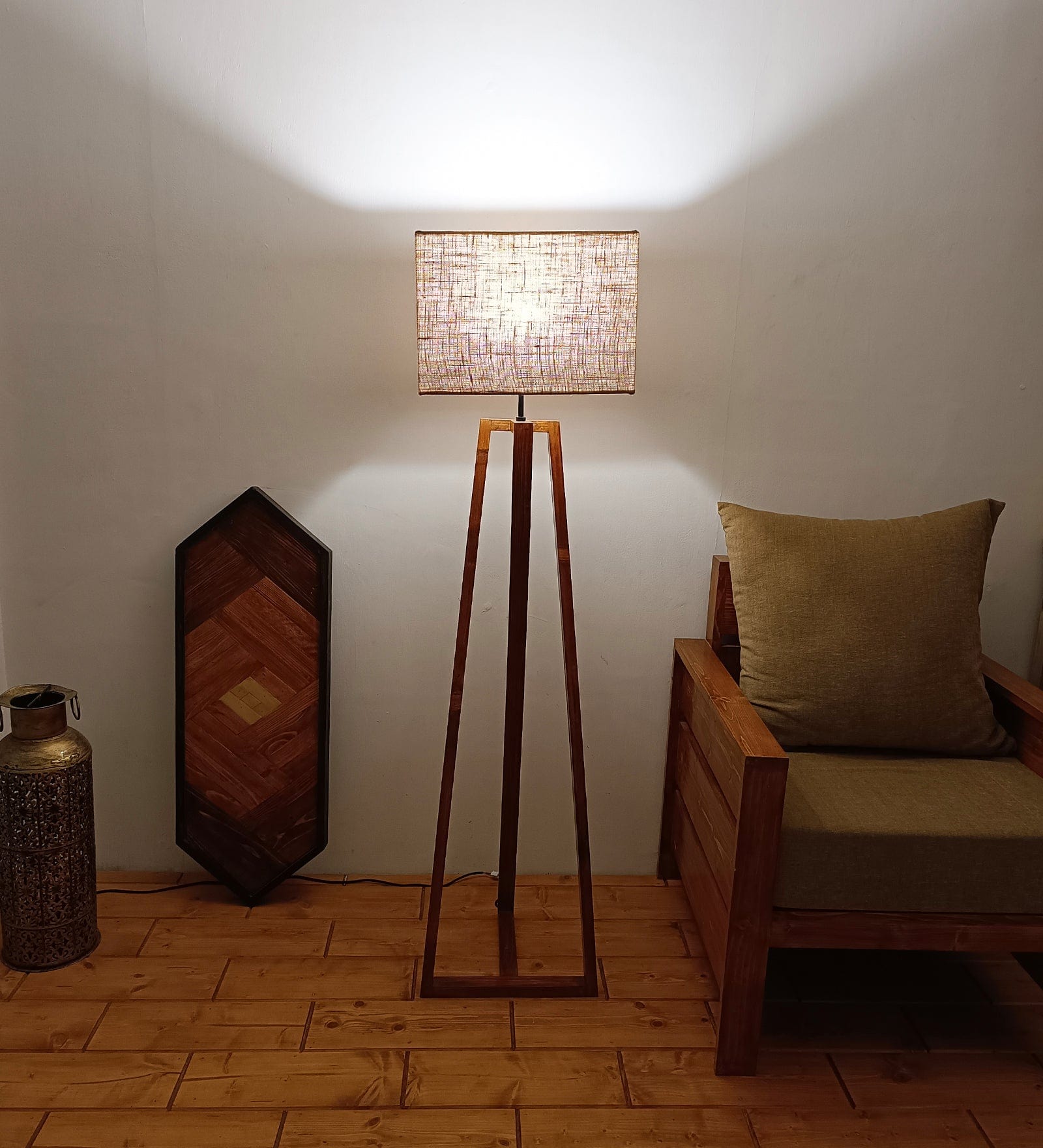 Catapult Wooden Floor Lamp with Brown Base Premium Beige Fabric Lampshade (BULB NOT INCLUDED)