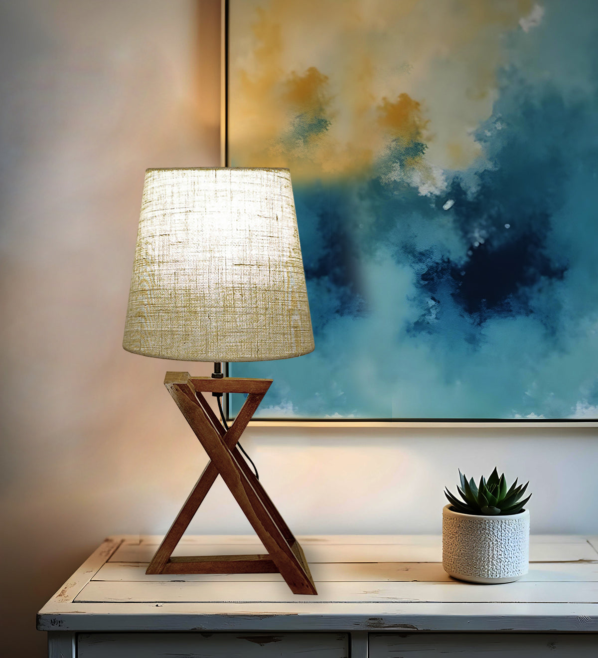 Catapult-Wooden-Table-Lamp-1.jpg Catapult Brown Wooden Table Lamp with Black Fabric Lampshade (BULB NOT INCLUDED) - Image 1