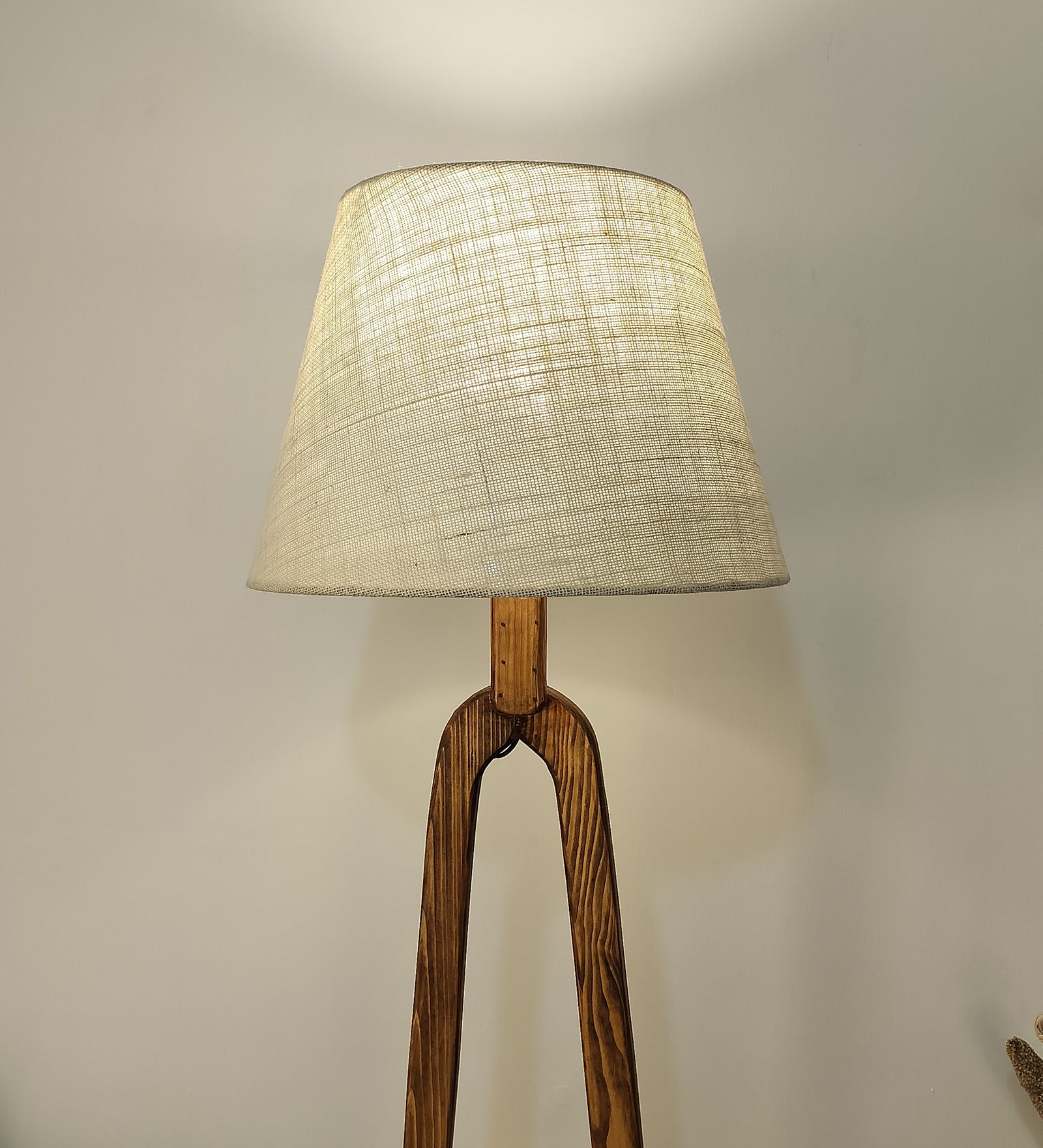 Cavern Wooden Floor Lamp with Brown Base and Jute Fabric Lampshade