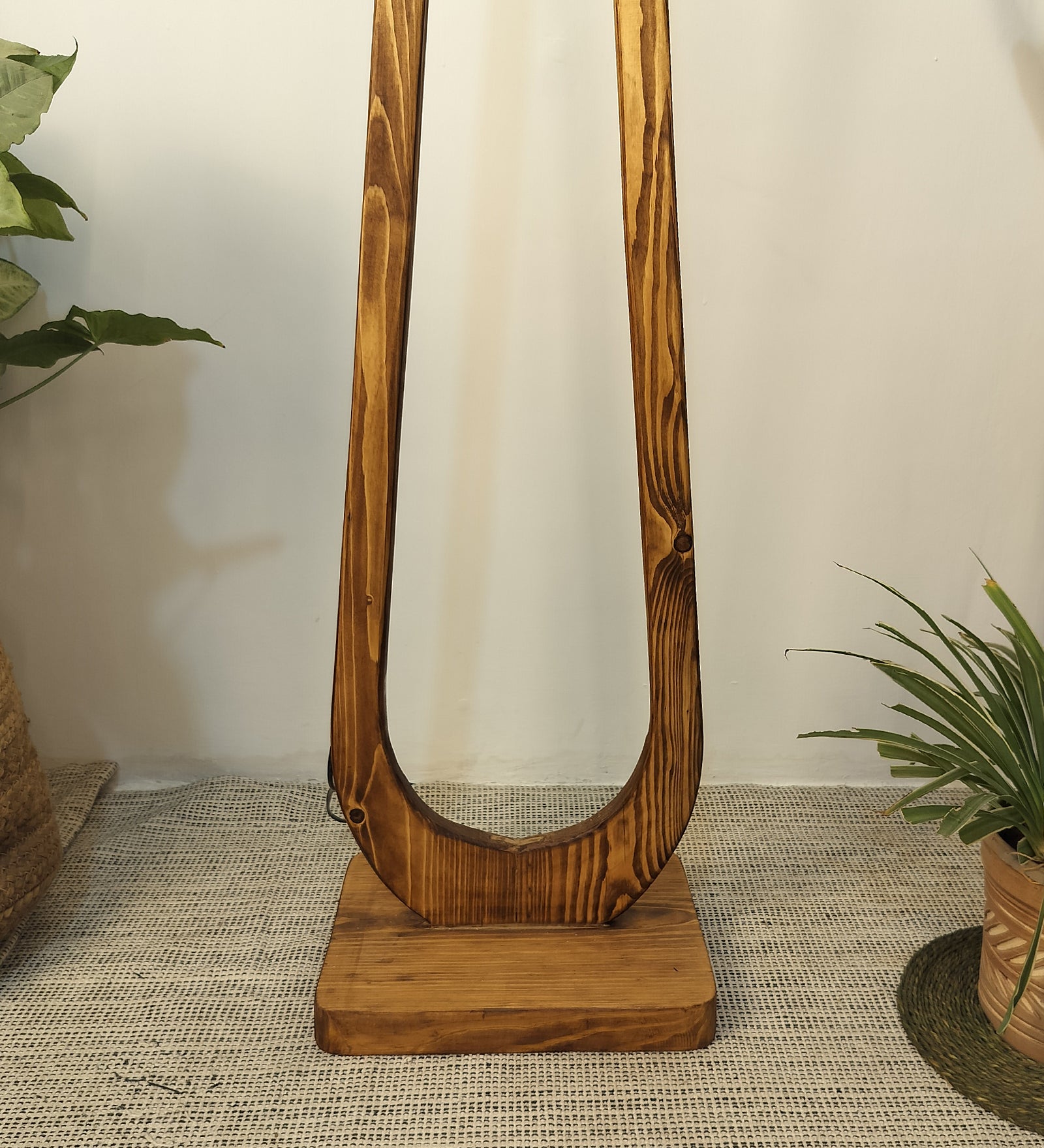 Cavern Wooden Floor Lamp with Brown Base and Jute Fabric Lampshade