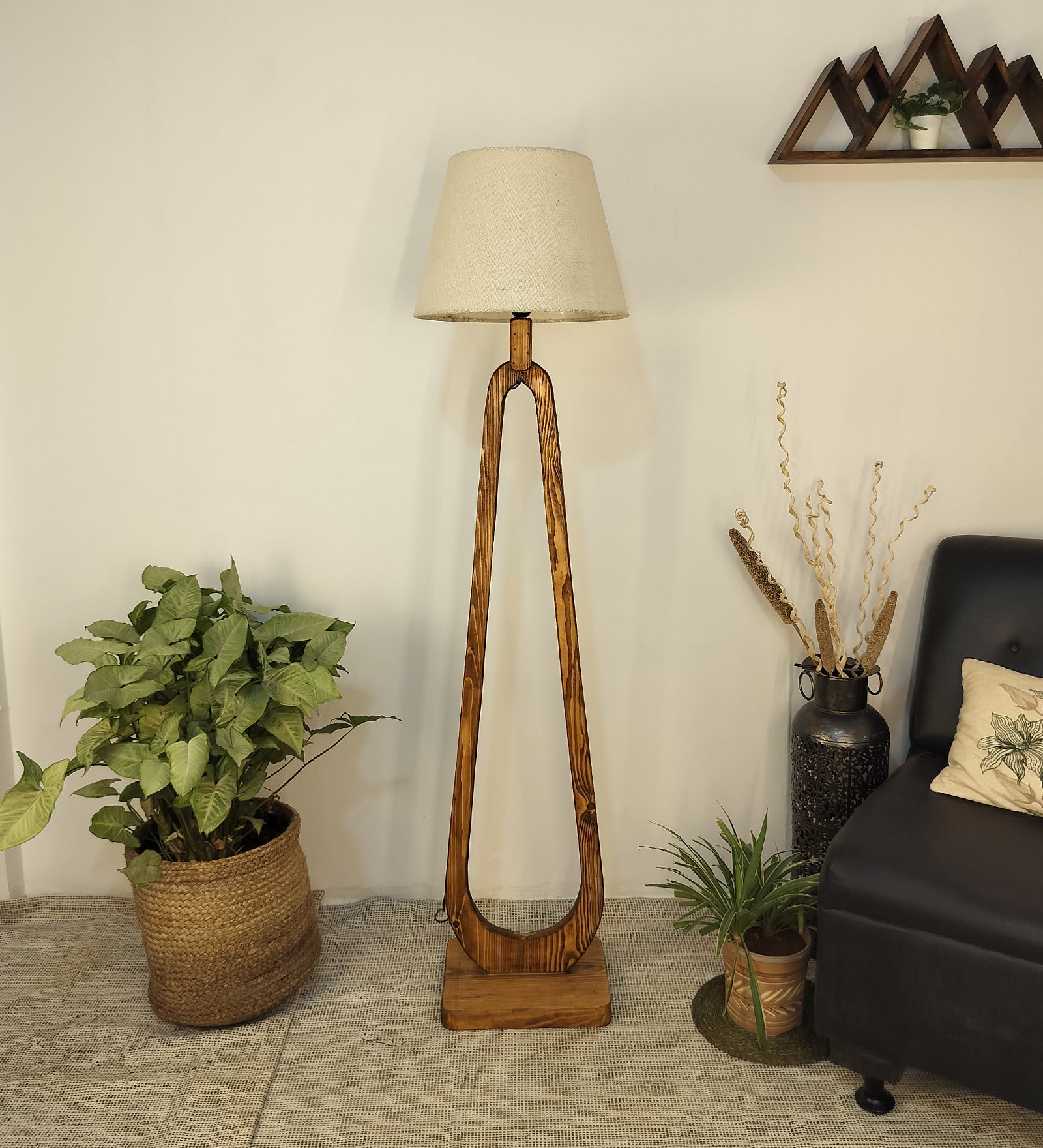 Cavern Wooden Floor Lamp with Brown Base and Jute Fabric Lampshade