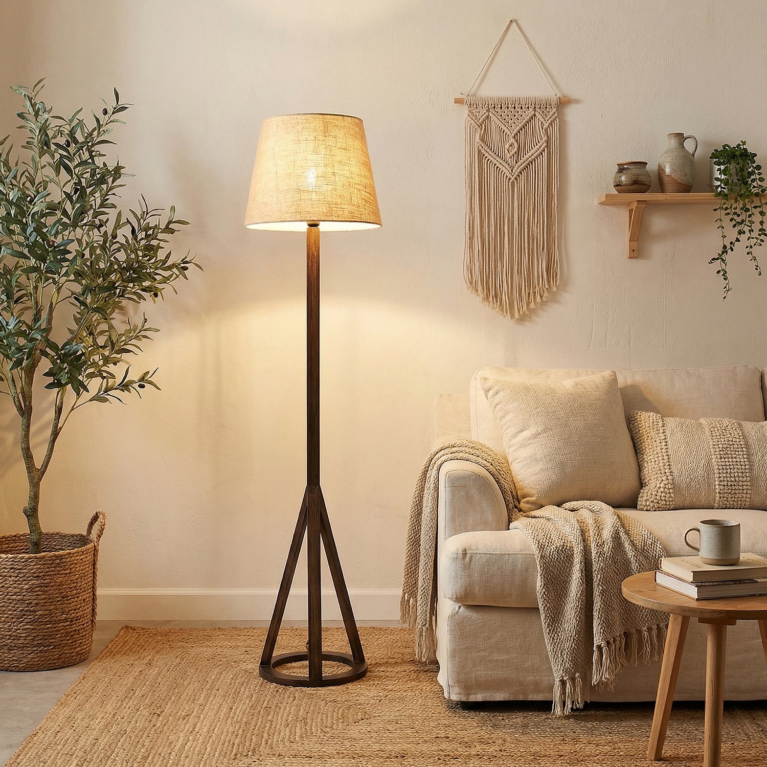 Celine Wooden Floor Lamp with Brown Base and Premium Beige Fabric Lampshade (BULB NOT INCLUDED)