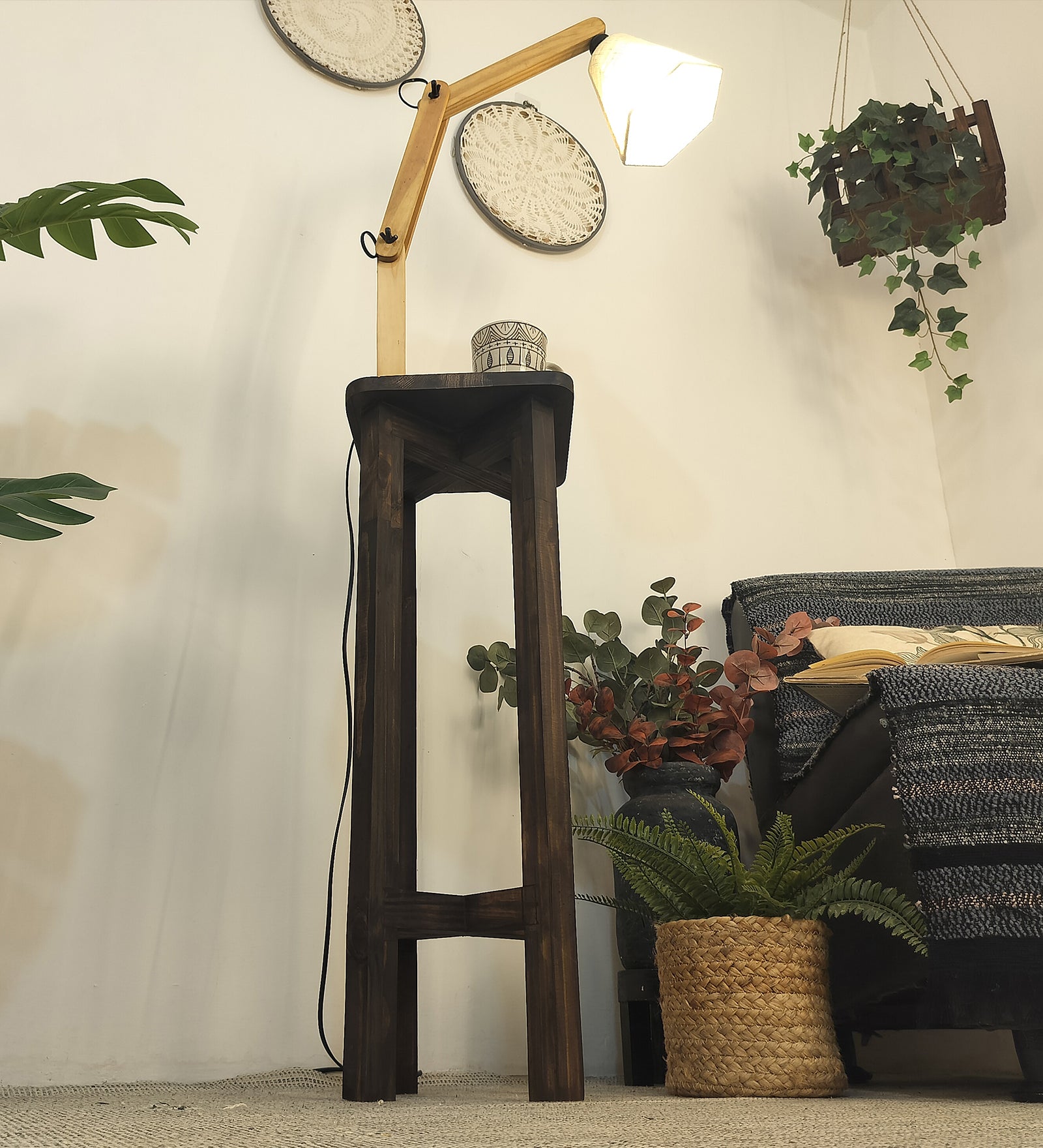 Centaur Wooden Floor Lamp with Beige Fabric Lampshade (BULB NOT INCLUDED)