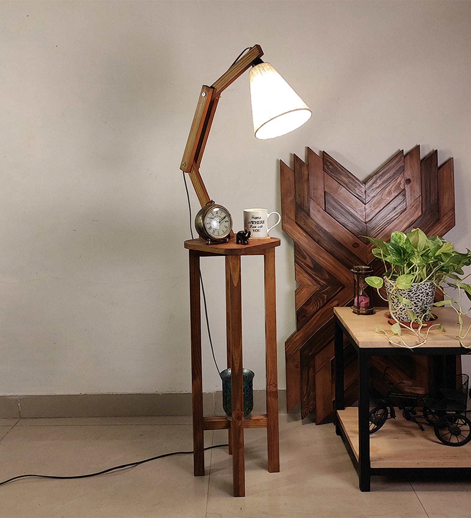 Centaur Wooden Floor Lamp with Beige Fabric Lampshade (BULB NOT INCLUDED)
