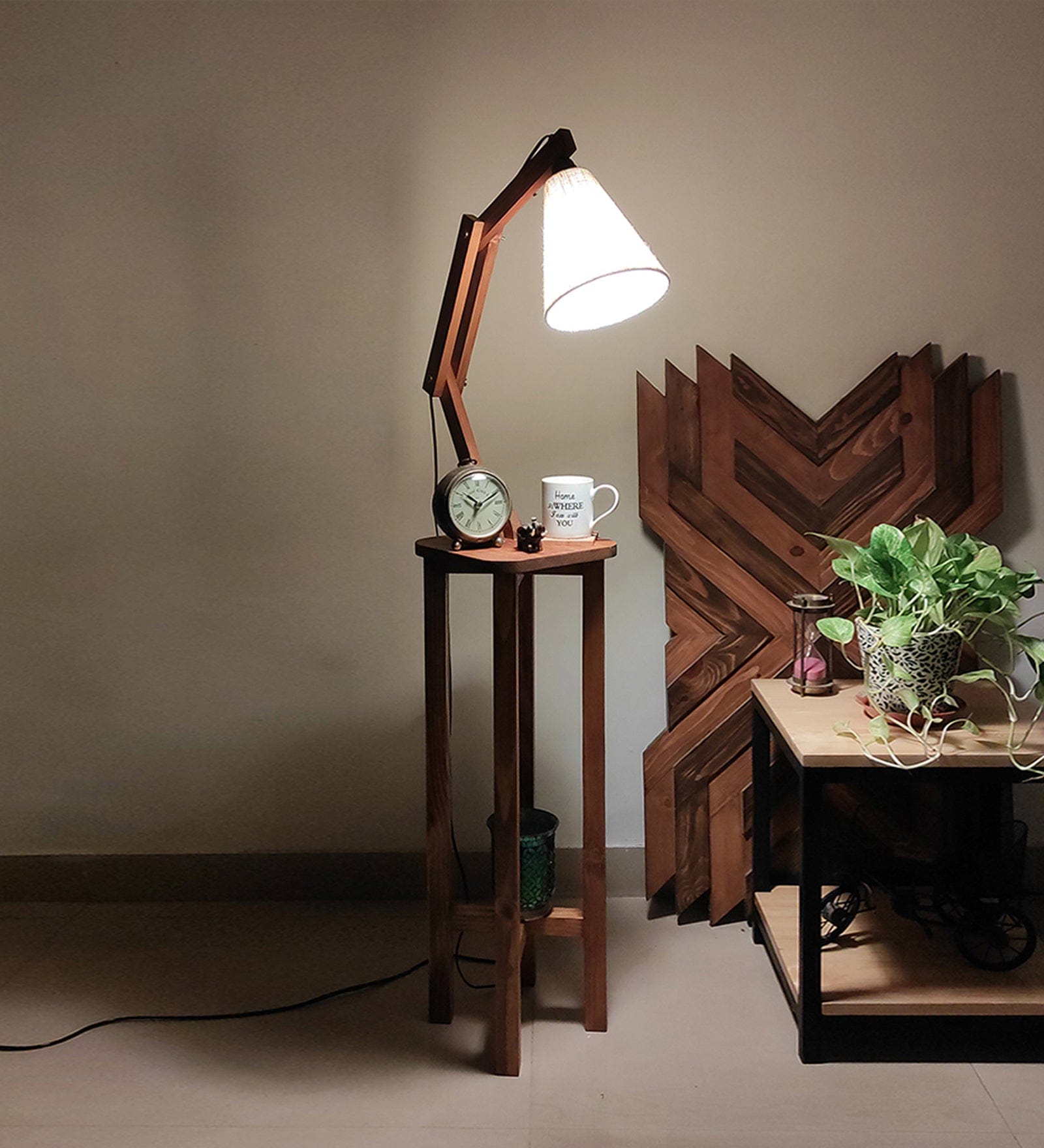 Centaur Wooden Floor Lamp with Beige Fabric Lampshade (BULB NOT INCLUDED)