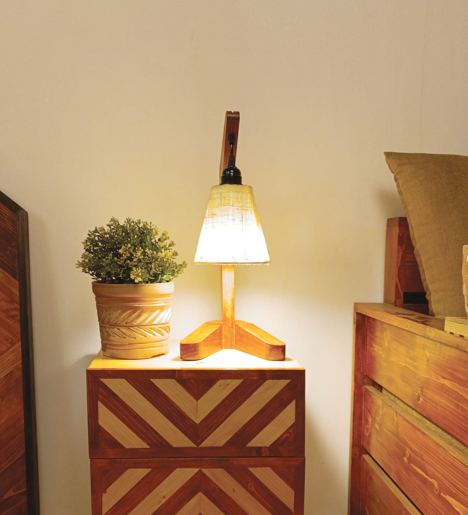 Charles Brown Wooden Table Lamp with White Jute Lampshade (BULB NOT INCLUDED)