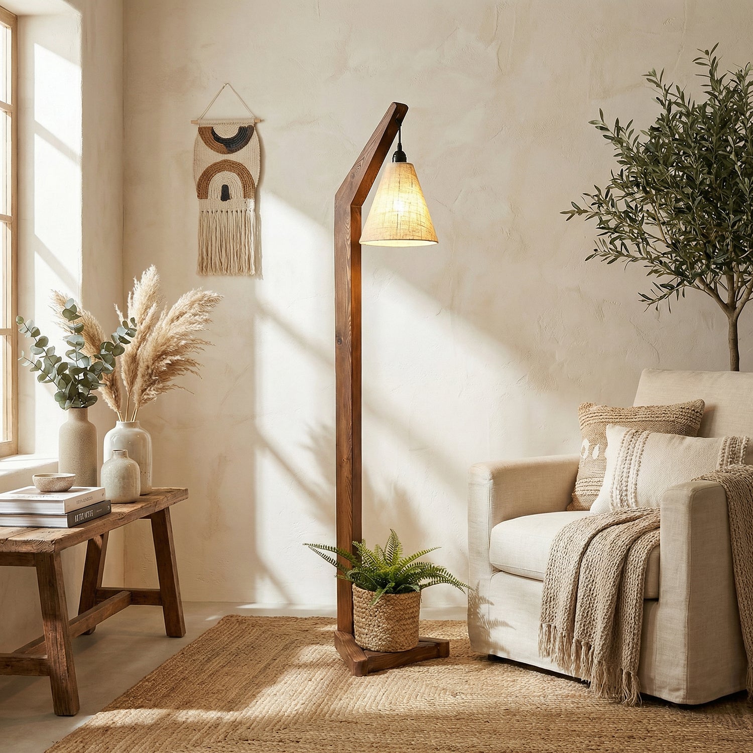 Charles Wooden Floor Lamp with Brown Base and Jute Fabric Lampshade (BULB NOT INCLUDED)
