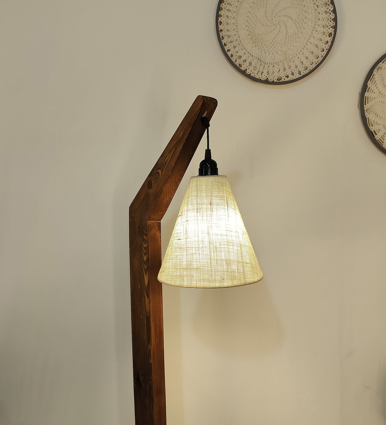 Charles Wooden Floor Lamp with Brown Base and Jute Fabric Lampshade (BULB NOT INCLUDED)