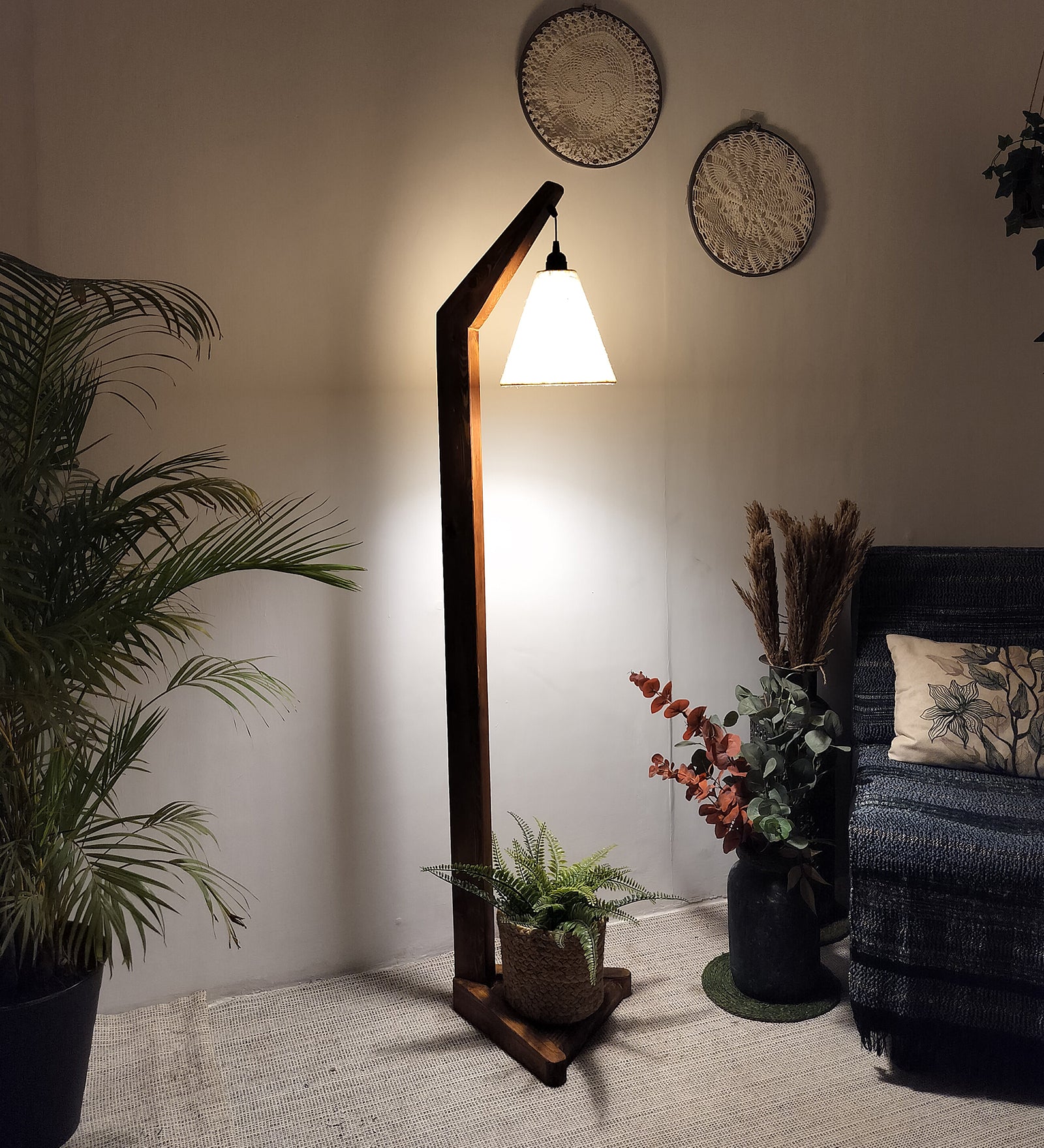 Charles Wooden Floor Lamp with Brown Base and Jute Fabric Lampshade (BULB NOT INCLUDED)