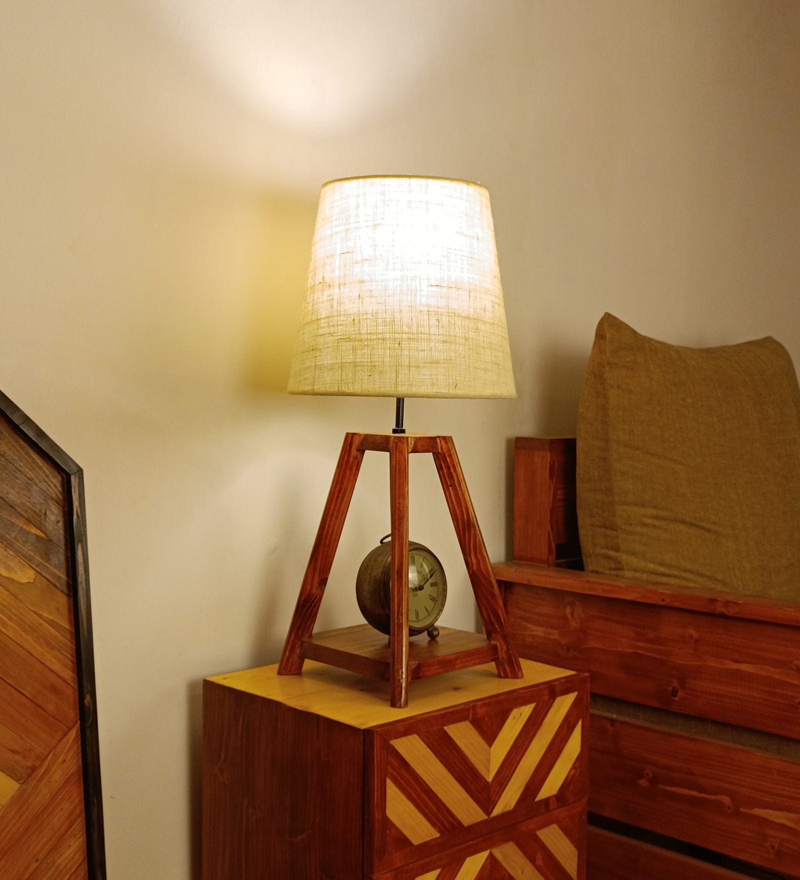 Charlotte Brown Wooden Table Lamp with White Jute Lampshade (BULB NOT INCLUDED)