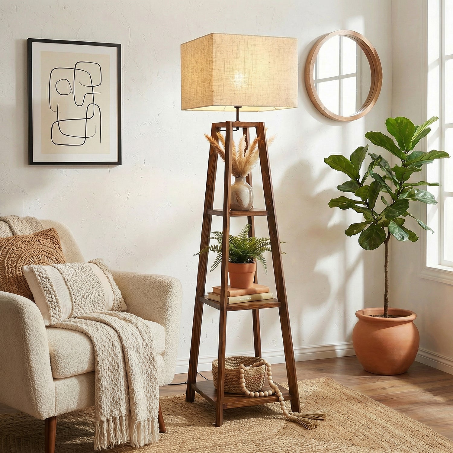 Charlotte Wooden Floor Lamp with Brown Base and Jute Fabric Lampshade (BULB NOT INCLUDED)