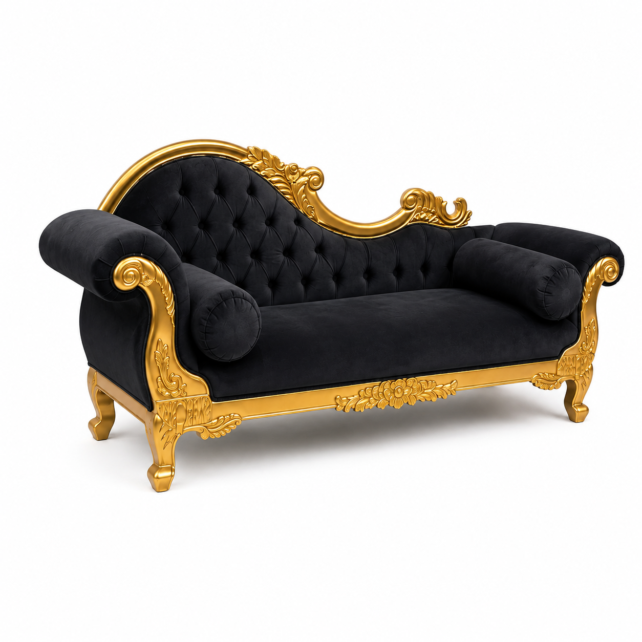 Handicrafts Teak Wood Couch in Black Velvet Upholstery