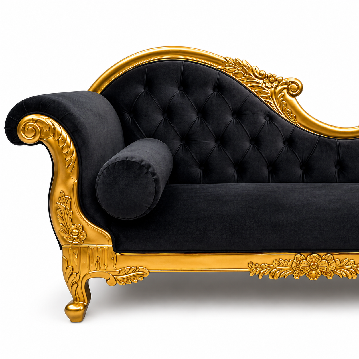 Handicrafts Teak Wood Couch in Black Velvet Upholstery