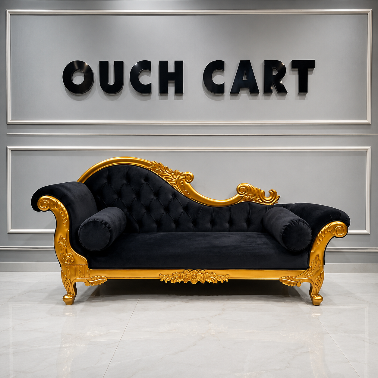 Handicrafts Teak Wood Couch in Black Velvet Upholstery