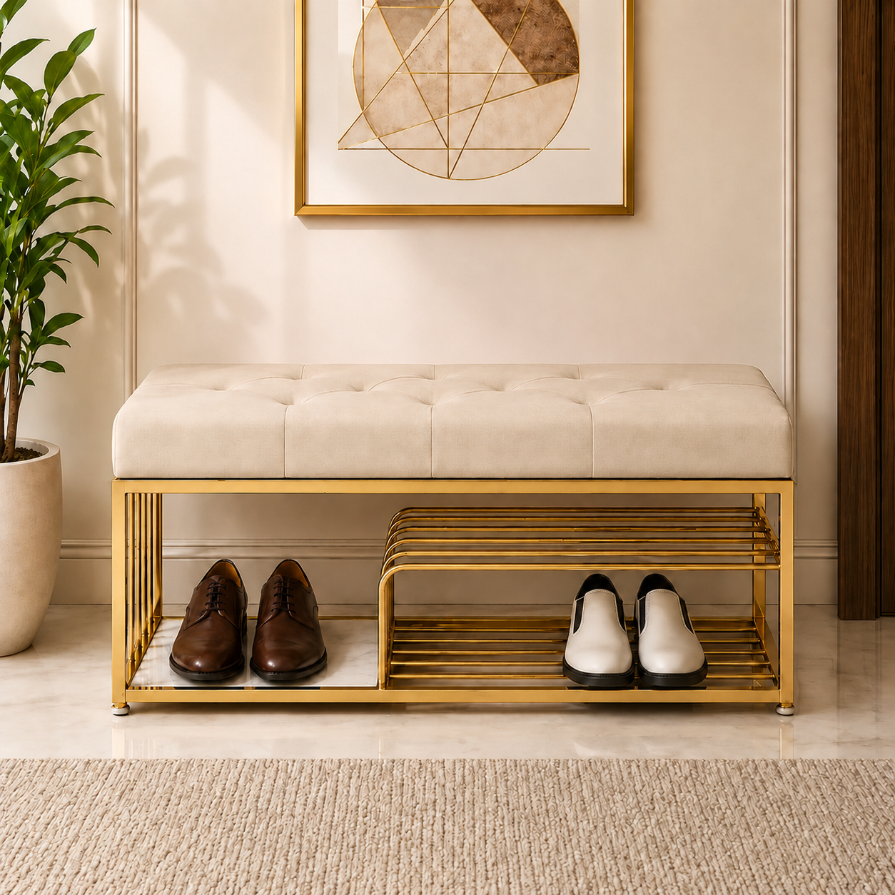 Velvet Upholstered Entryway Shoe Rack Bench with Storage