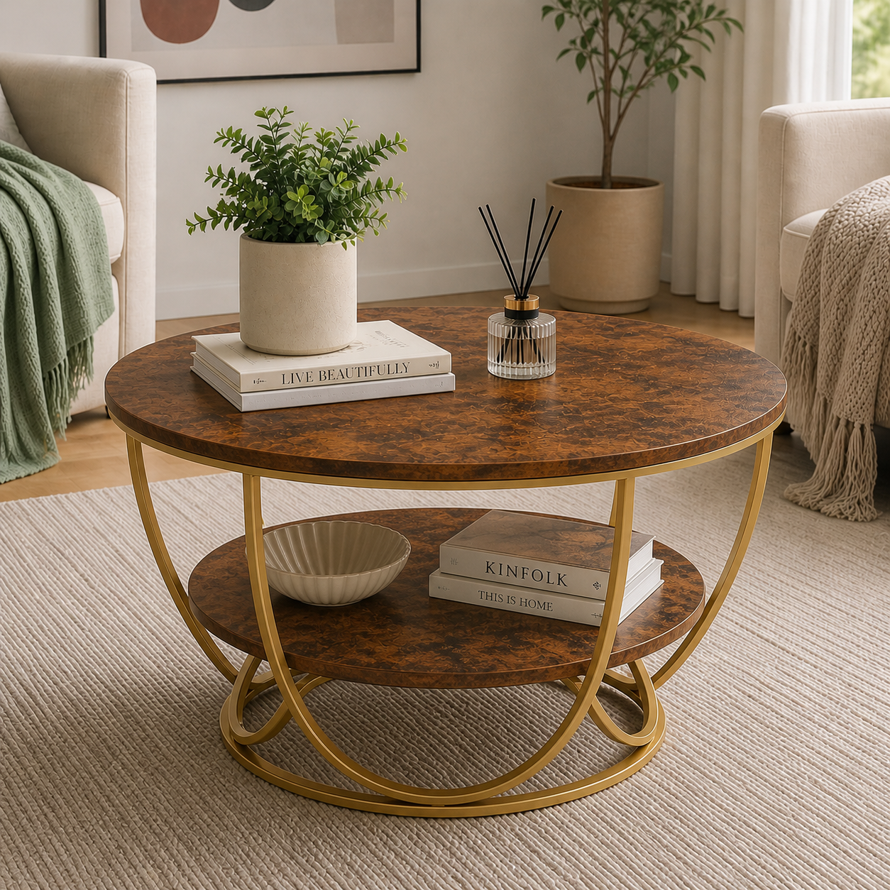 Round Gold Coffee Table,2 Tier Coffee Tables for Living Room
