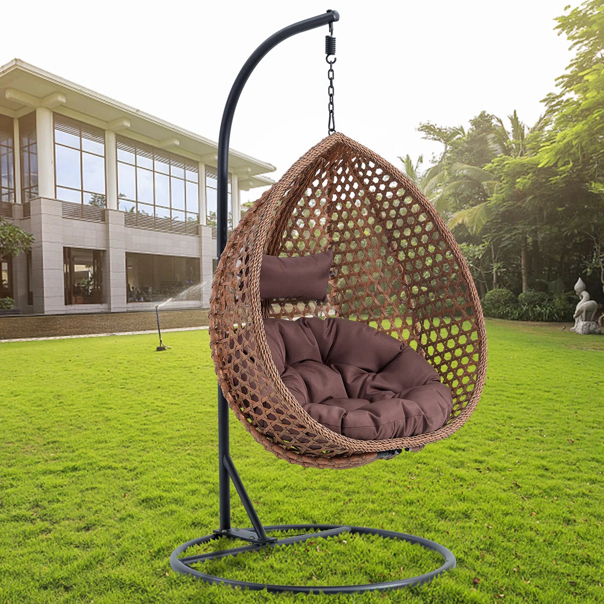 Ouch Cart Freestanding Wicker Egg Chair with Stand & Cushions – Indoor/Outdoor Hanging Swing Chair for Patio, Balcony, Garden, or Living Room