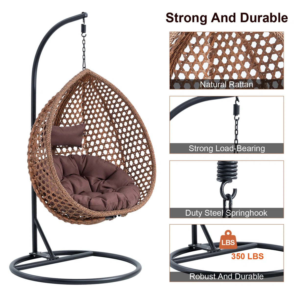 Ouch Cart Freestanding Wicker Egg Chair with Stand & Cushions – Indoor/Outdoor Hanging Swing Chair for Patio, Balcony, Garden, or Living Room