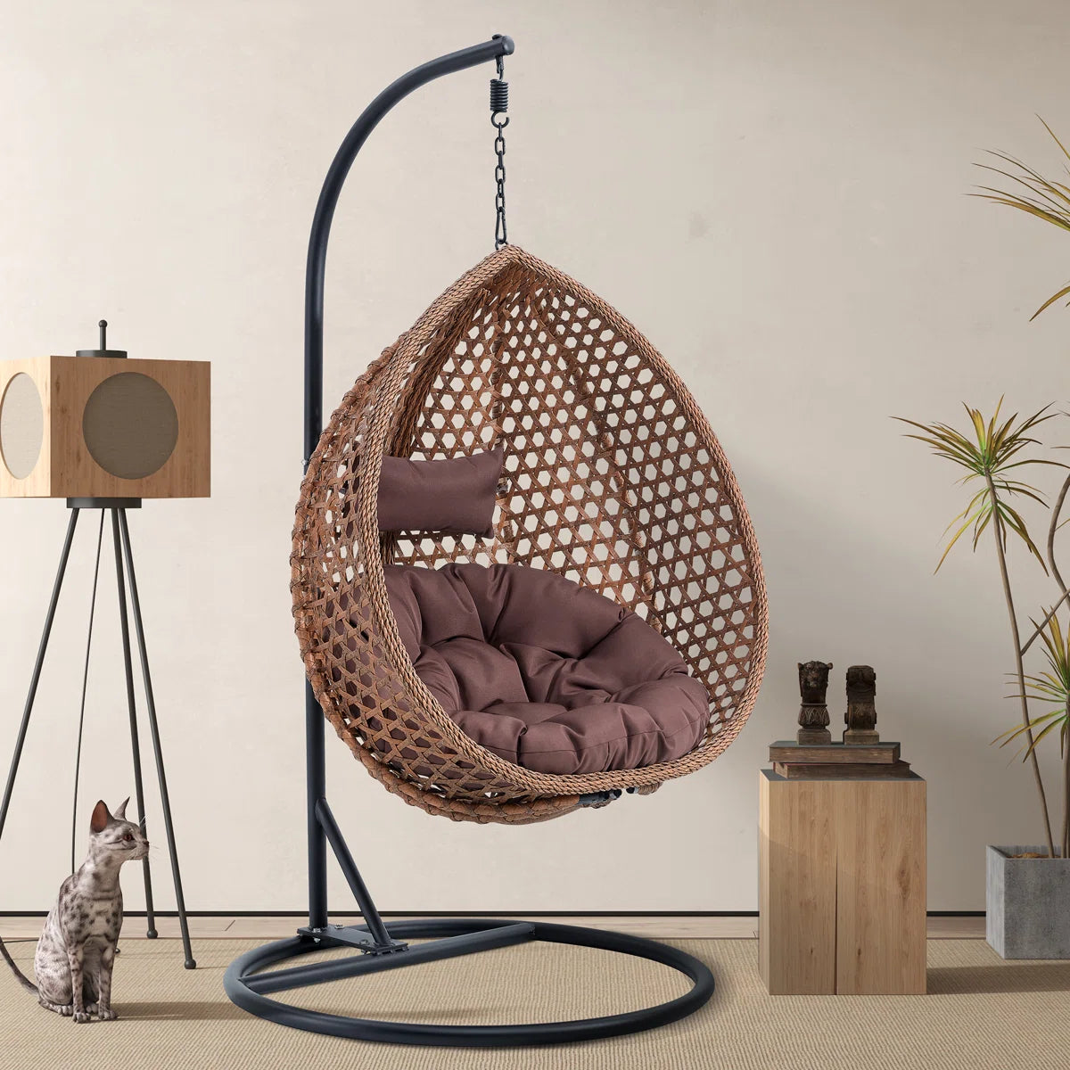 Ouch Cart Freestanding Wicker Egg Chair with Stand & Cushions – Indoor/Outdoor Hanging Swing Chair for Patio, Balcony, Garden, or Living Room