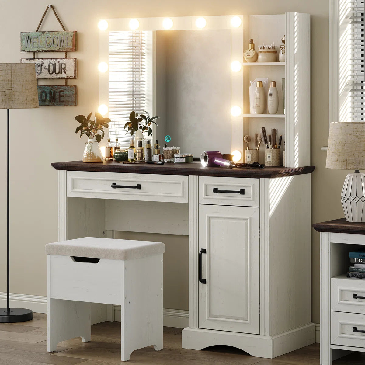 43" Chester Farmhouse Vanity Table with LED Mirror, Drawers, and Makeup Storage- OUCH CART | Dressing table 