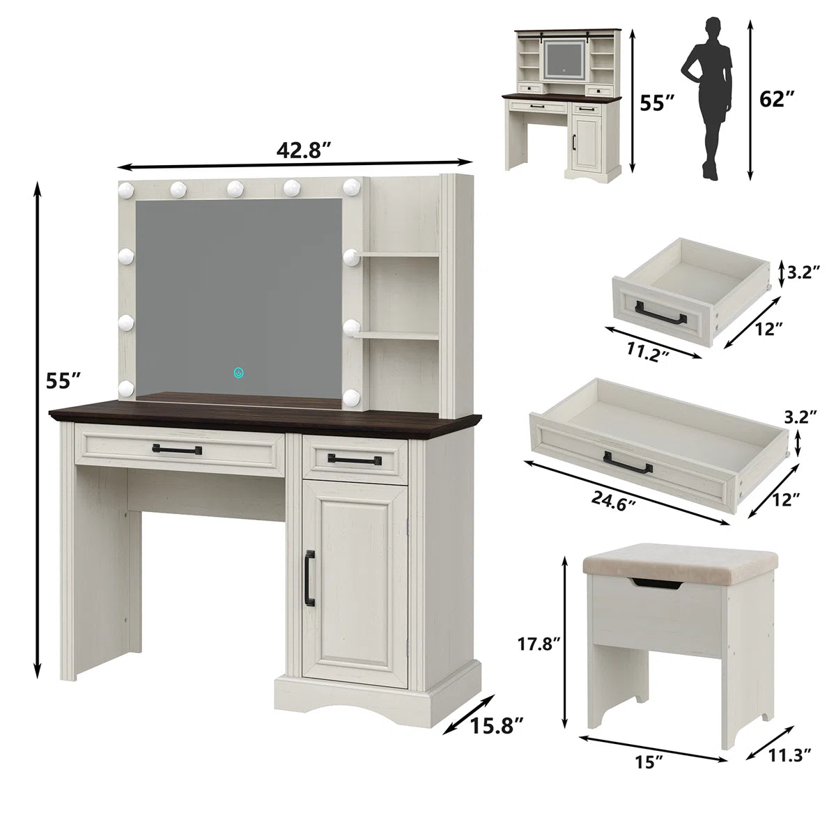 43" Chester Farmhouse Vanity Table with LED Mirror, Drawers, and Makeup Storage
