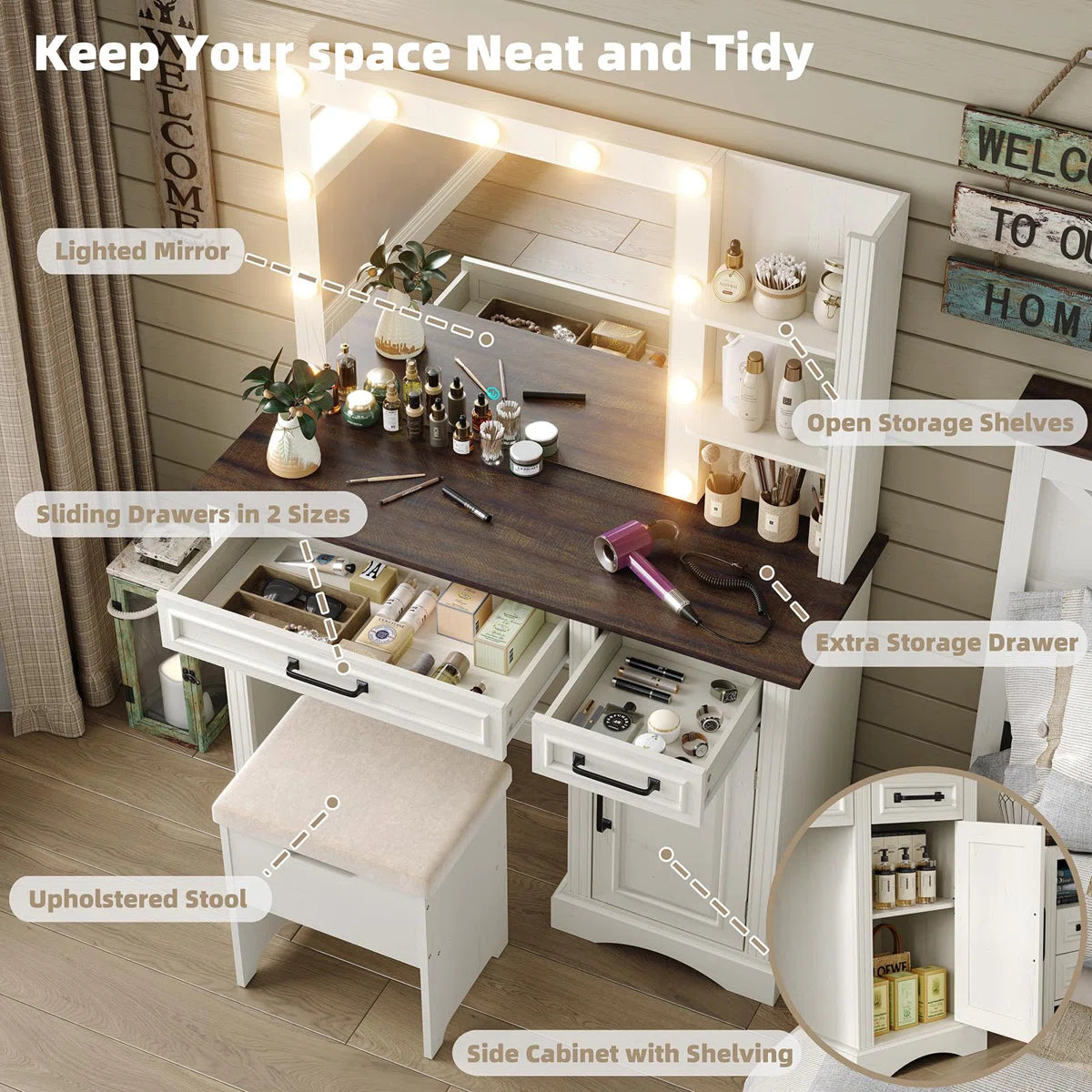 43" Chester Farmhouse Vanity Table with LED Mirror, Drawers, and Makeup Storage