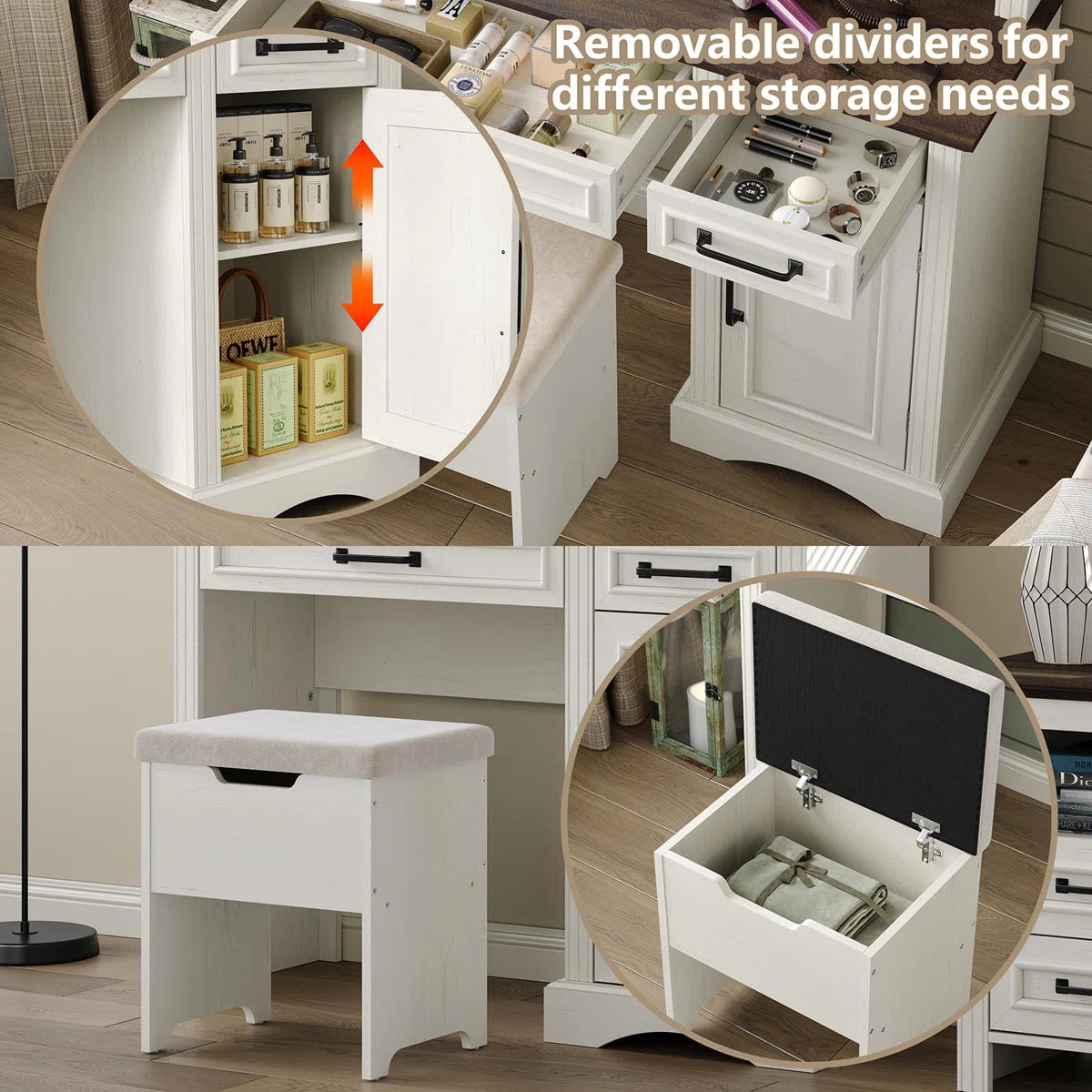 43" Chester Farmhouse Vanity Table with LED Mirror, Drawers, and Makeup Storage- OUCH CART | Dressing table 