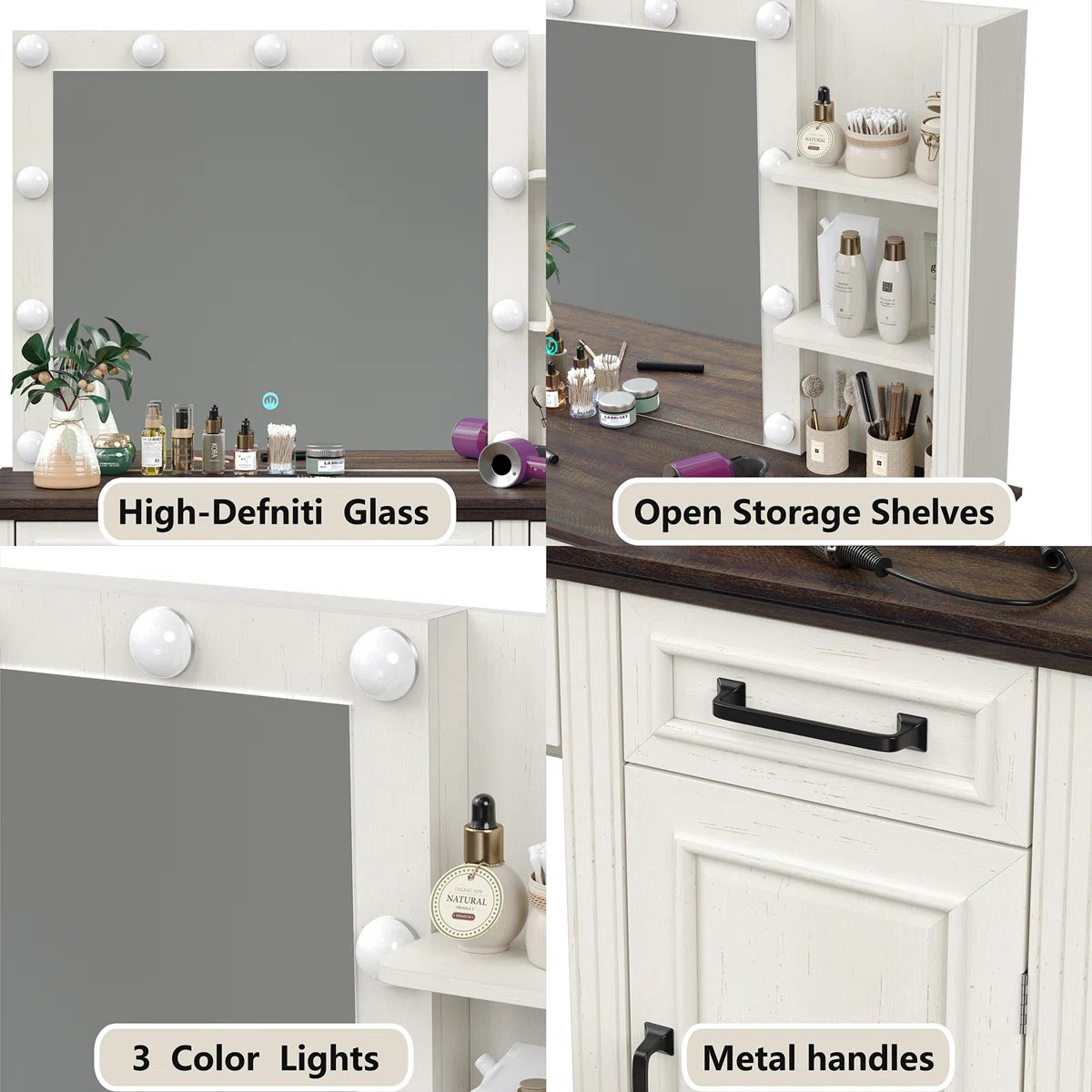 43" Chester Farmhouse Vanity Table with LED Mirror, Drawers, and Makeup Storage