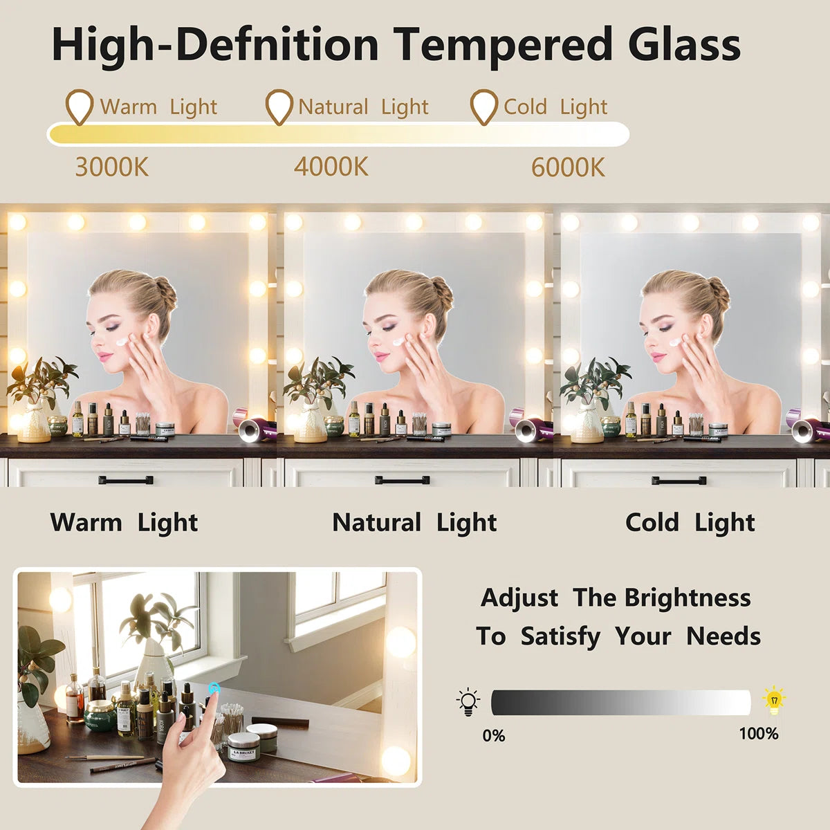 43" Chester Farmhouse Vanity Table with LED Mirror, Drawers, and Makeup Storage