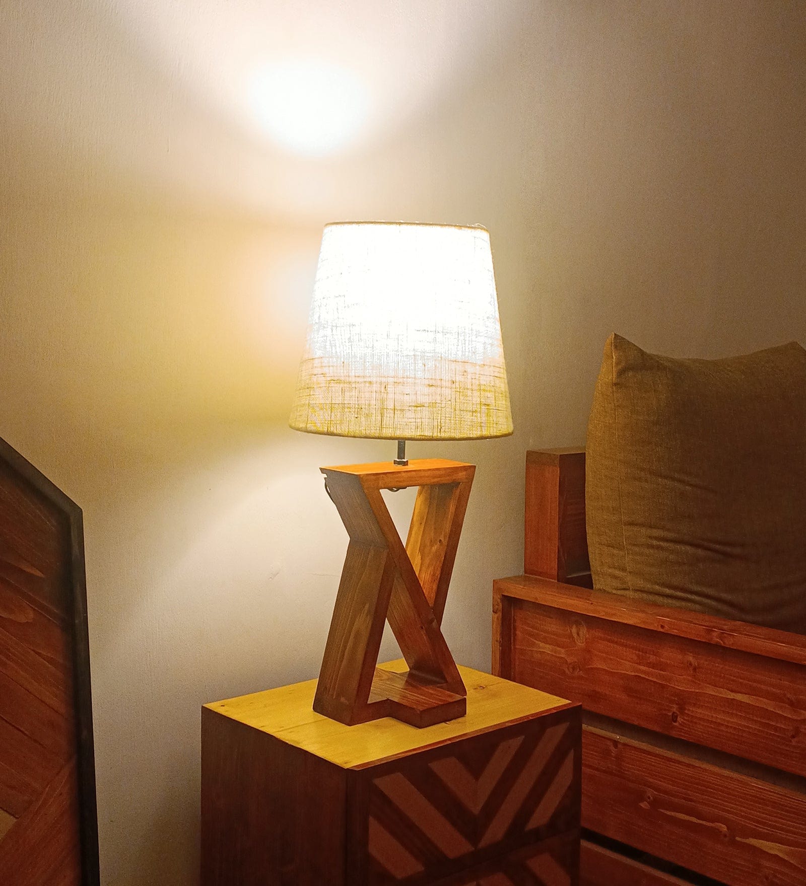 Chloe Brown Wooden Table Lamp with White Jute Lampshade (BULB NOT INCLUDED)