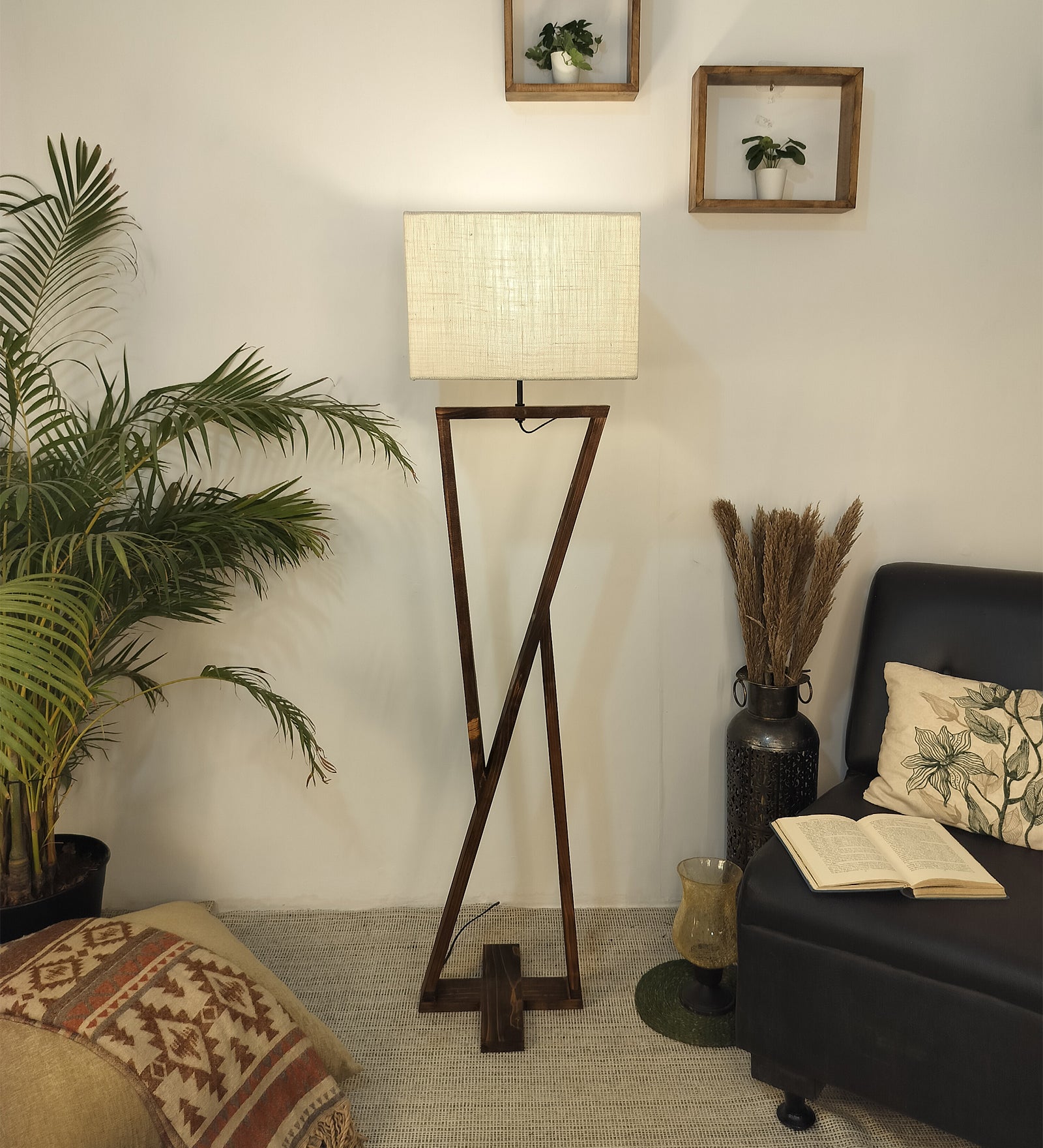 Chloe Wooden Floor Lamp with Brown Base and Jute Fabric Lampshade (BULB NOT INCLUDED)