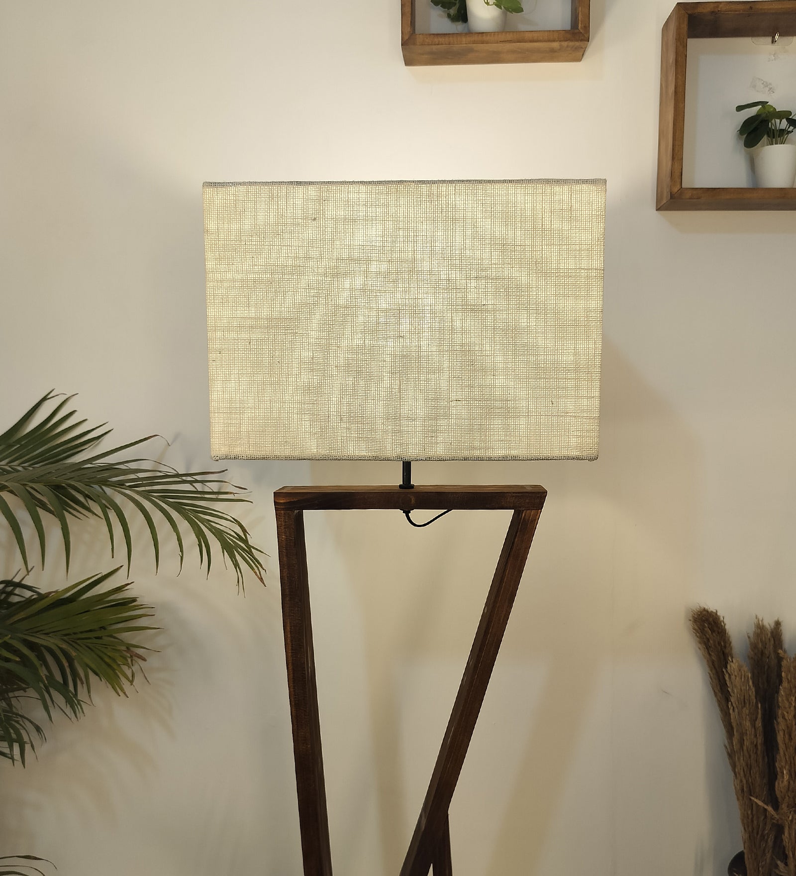 Chloe Wooden Floor Lamp with Brown Base and Jute Fabric Lampshade (BULB NOT INCLUDED)