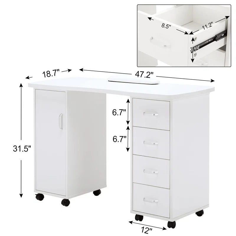 Nail Desk with Drawer Cabinet and Wheels, 47.2'' Vanity Makeup Desk