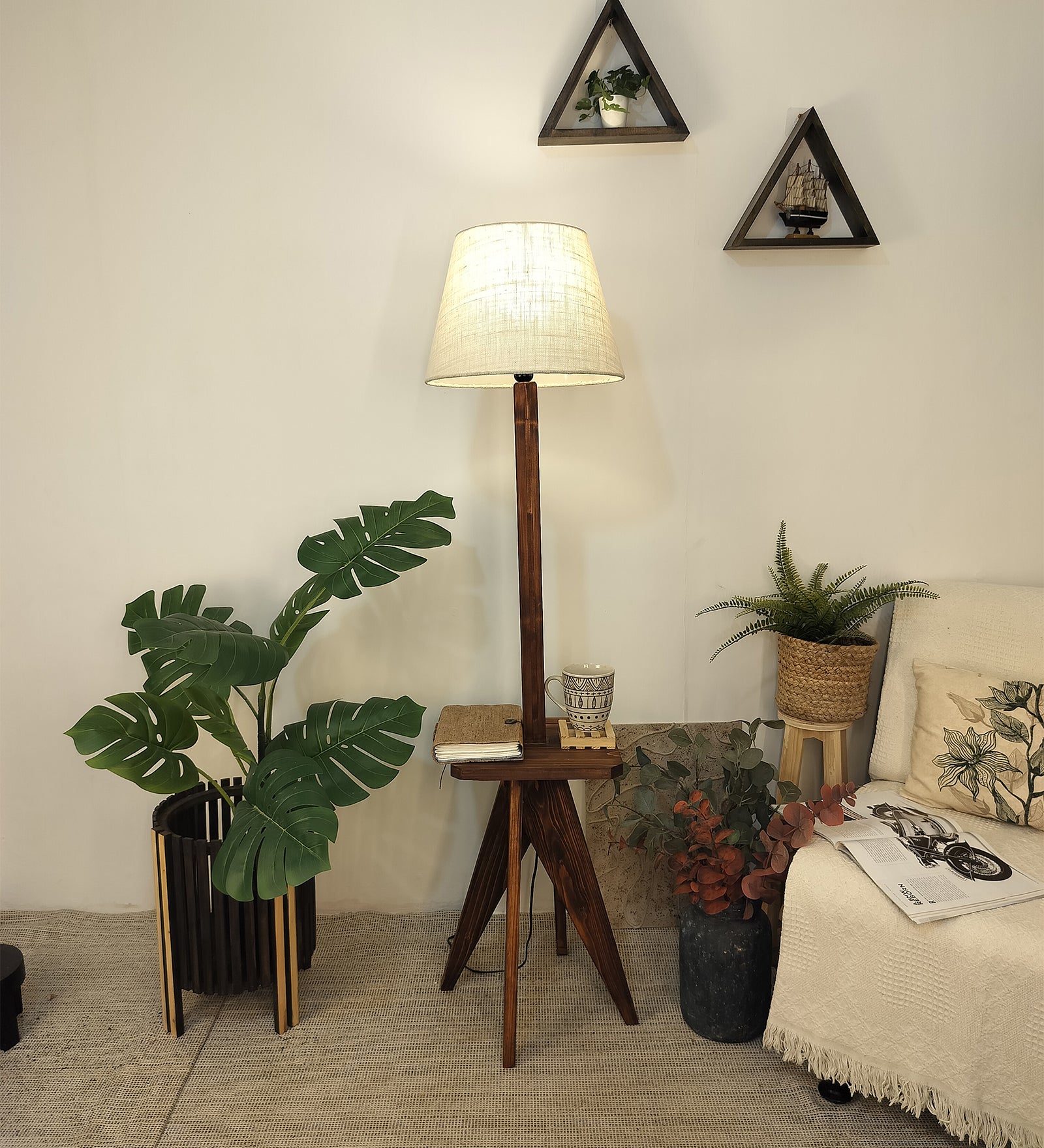 Claude Wooden Floor Lamp with Brown Base and Jute Fabric Lampshade (BULB NOT INCLUDED)