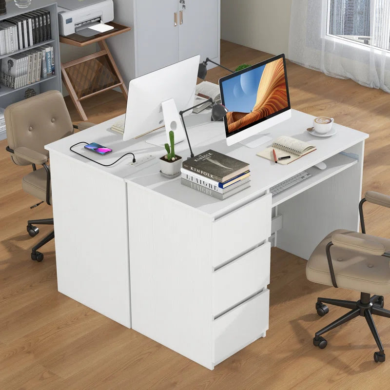 Multifunctional Desk with Charging Station, Keyboard Tray & 3 Drawers | Modern Computer Workstation