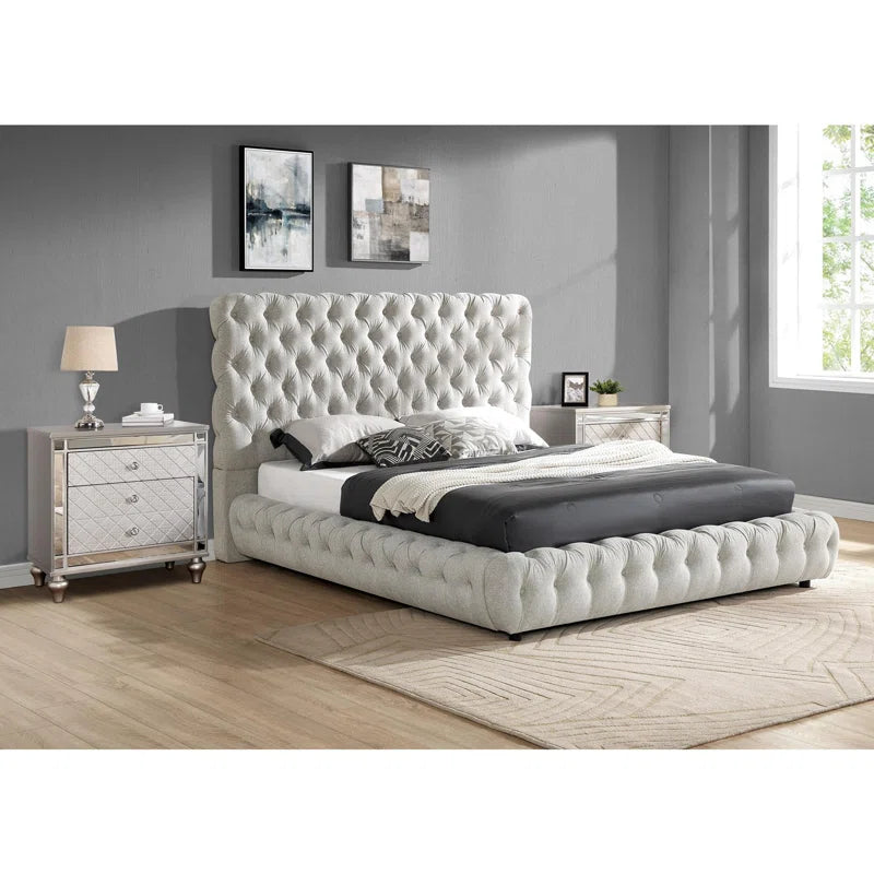 Contemporary Upholstered Bed With Tufted Headboard