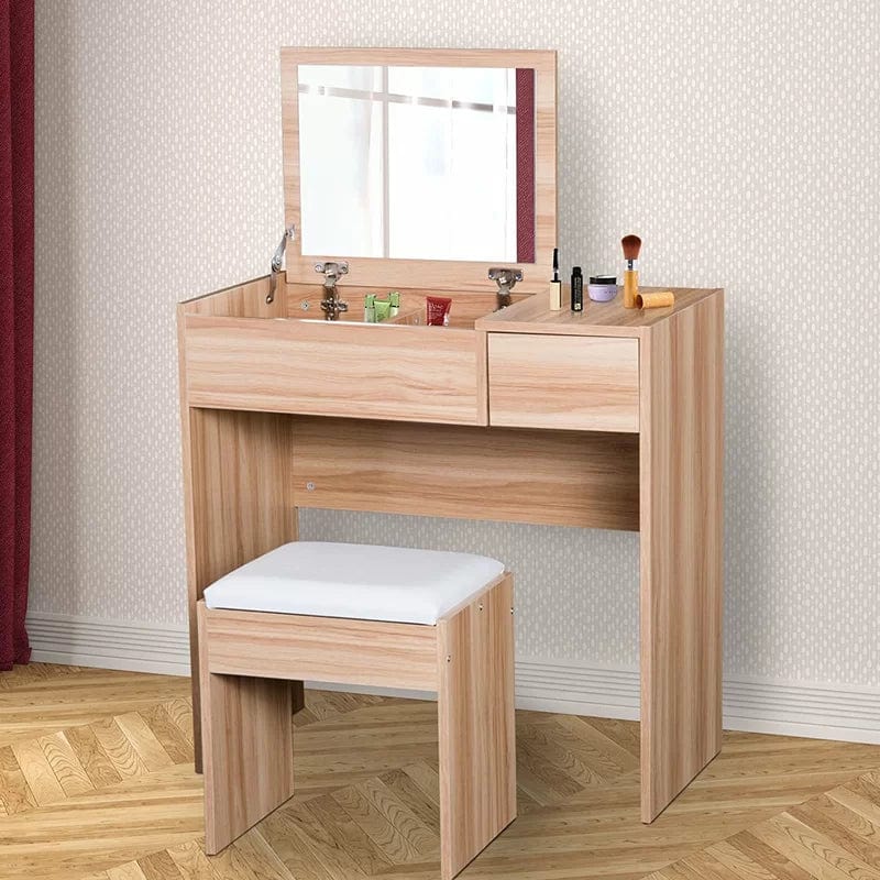 Vanity Desk Set, Girls Makeup Dressing Table with Stool and 2 Drawers Storage Makeup Table with for Bedroom (Beige)