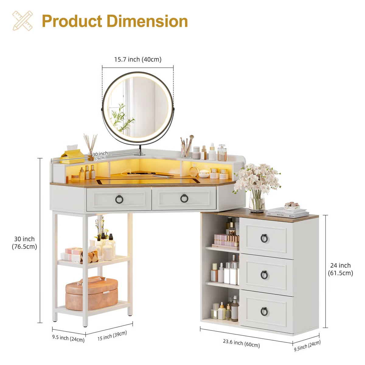 Corner Makeup Vanity Set with Mirror for Bedroom