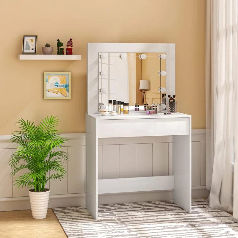 White Vanity Desk with Mirror, Makeup Vanity Desk with Drawers, Table Set for Girl, Bedroom, Storage, (White)