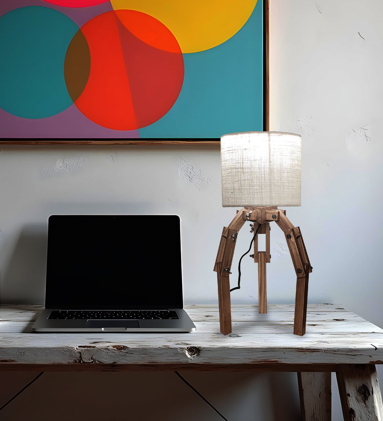 Crawler Brown Wooden Table Lamp with Yellow Printed Fabric Lampshade (BULB NOT INCLUDED)