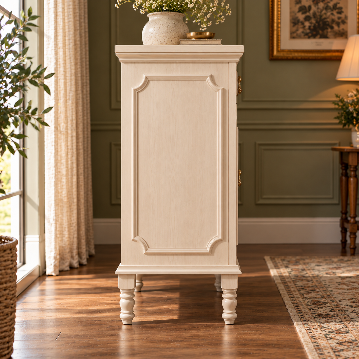 Cream Beige Wooden Sideboard Cabinet with 2 Doors & 1 Drawer  Vintage French Country Storage Furniture