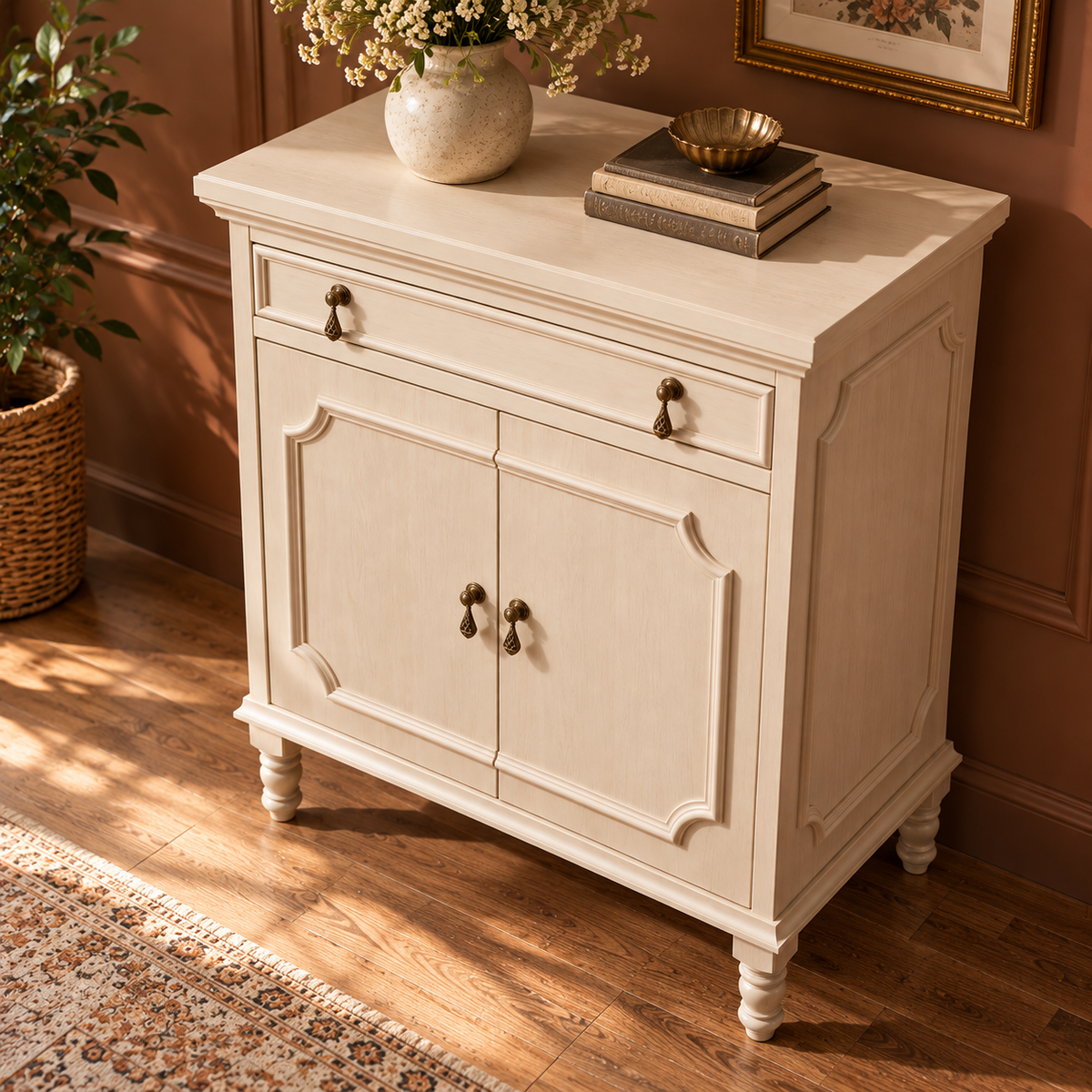 Cream Beige Wooden Sideboard Cabinet with 2 Doors & 1 Drawer  Vintage French Country Storage Furniture