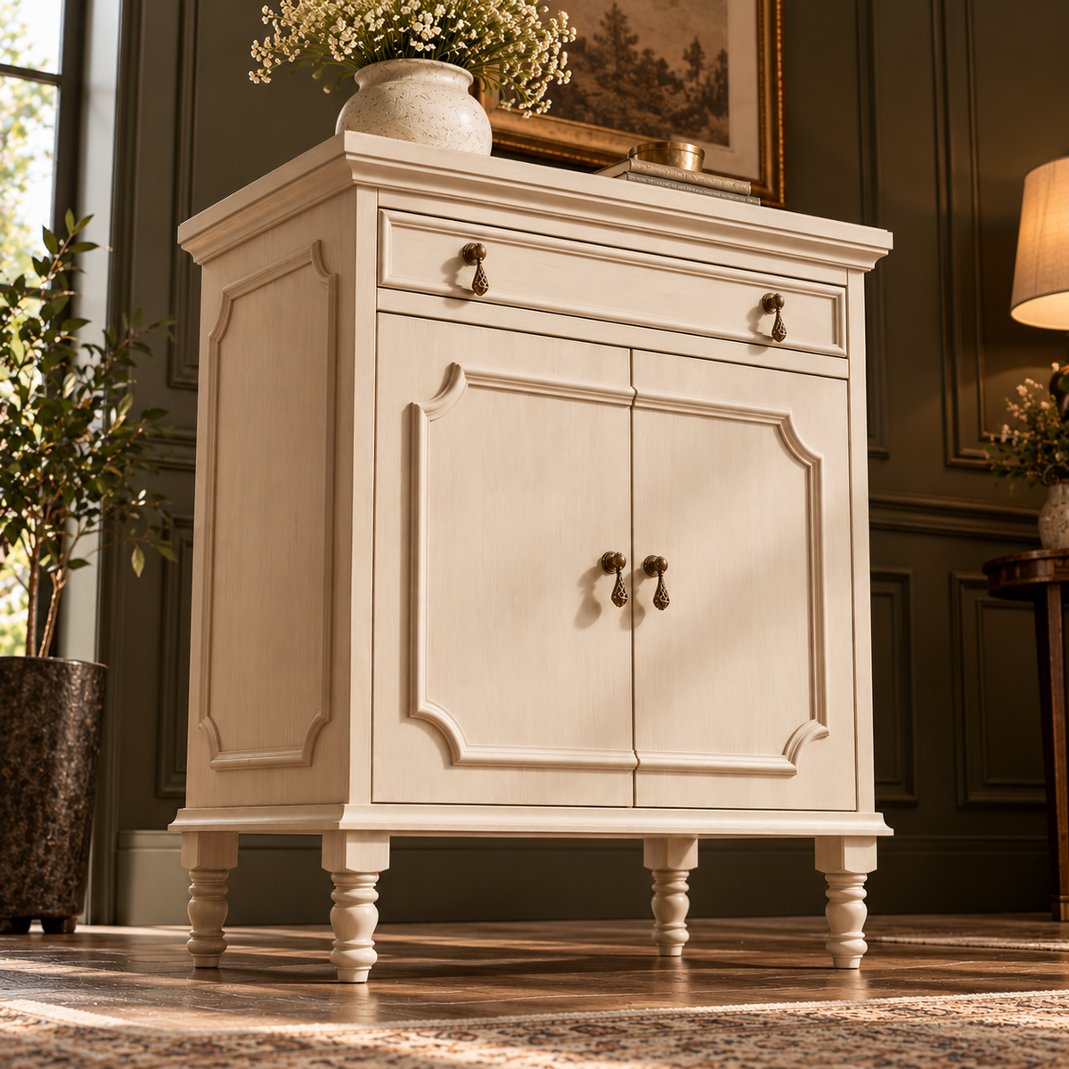 Cream Beige Wooden Sideboard Cabinet with 2 Doors & 1 Drawer  Vintage French Country Storage Furniture