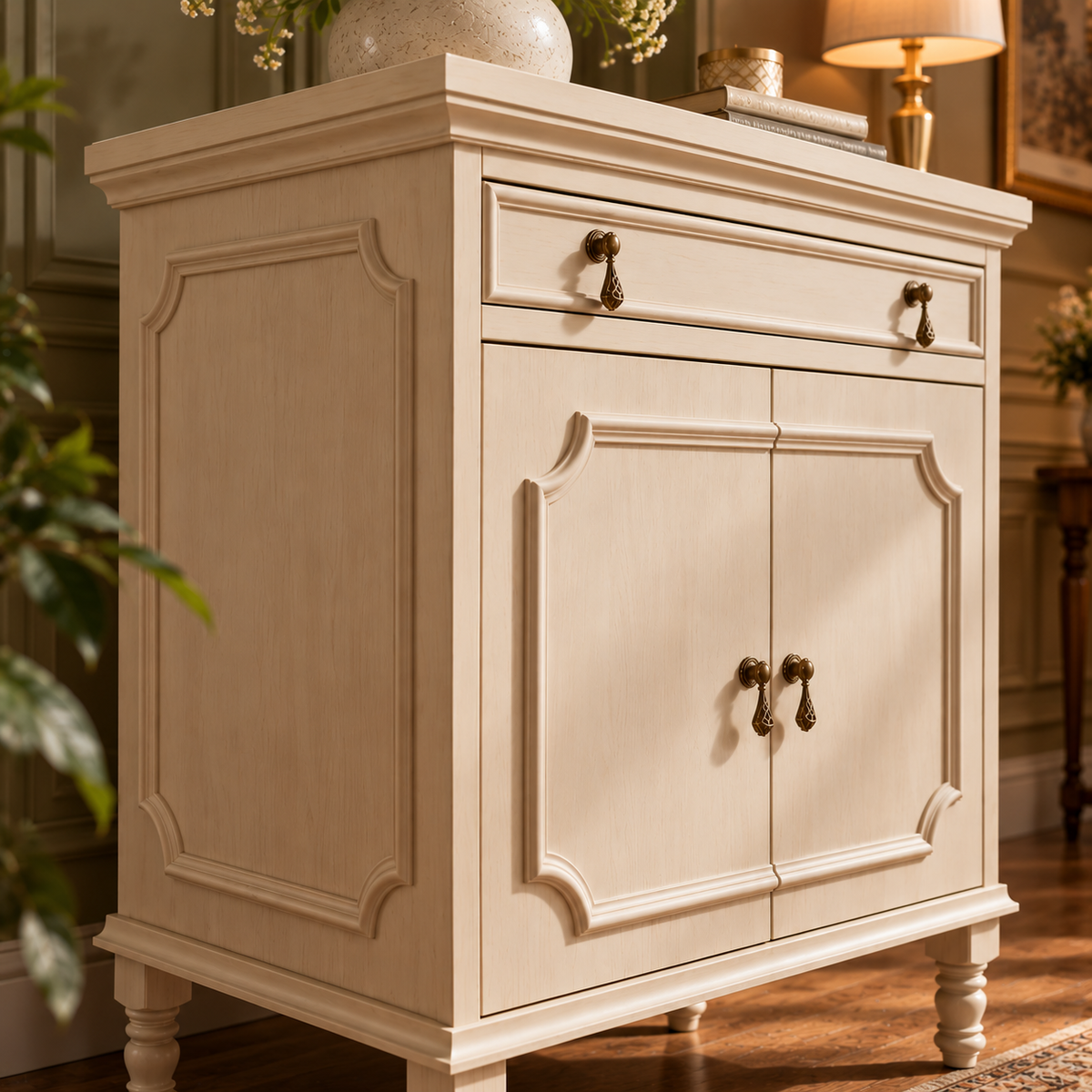 Cream Beige Wooden Sideboard Cabinet with 2 Doors & 1 Drawer  Vintage French Country Storage Furniture