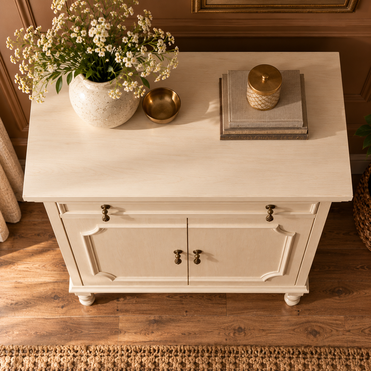Cream Beige Wooden Sideboard Cabinet with 2 Doors & 1 Drawer  Vintage French Country Storage Furniture