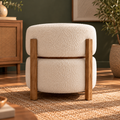 Cream Boucle Ottoman Stool with Wooden Frame, Modern Round Upholstered Pouf for Living Room, Bedroom and Dressing Area