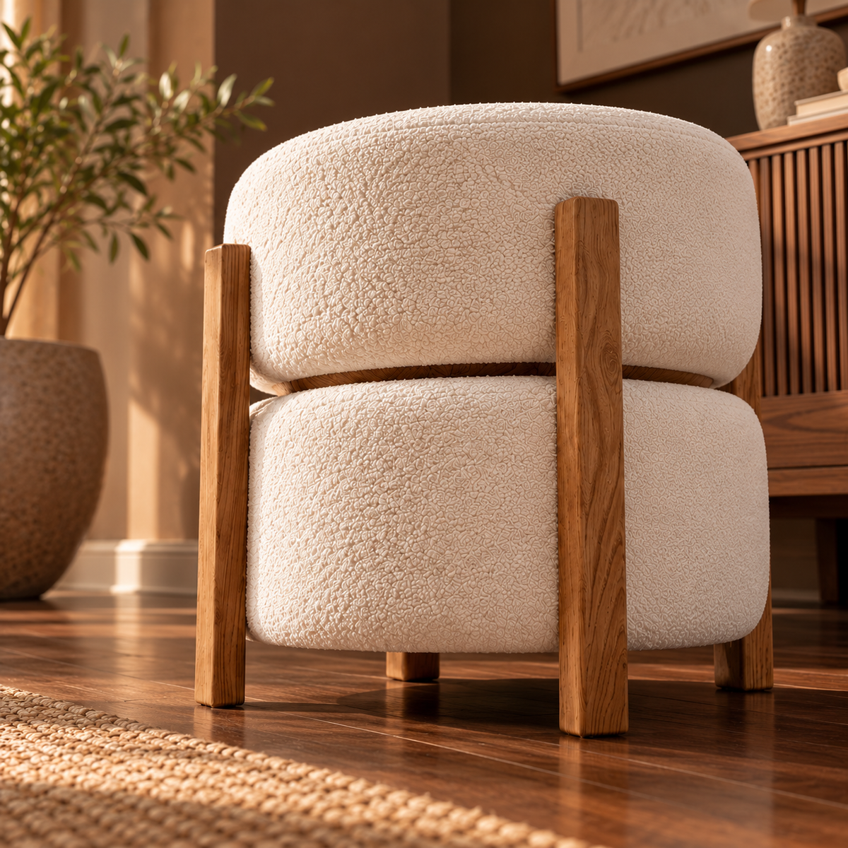 Cream Boucle Ottoman Stool with Wooden Frame, Modern Round Upholstered Pouf for Living Room, Bedroom and Dressing Area