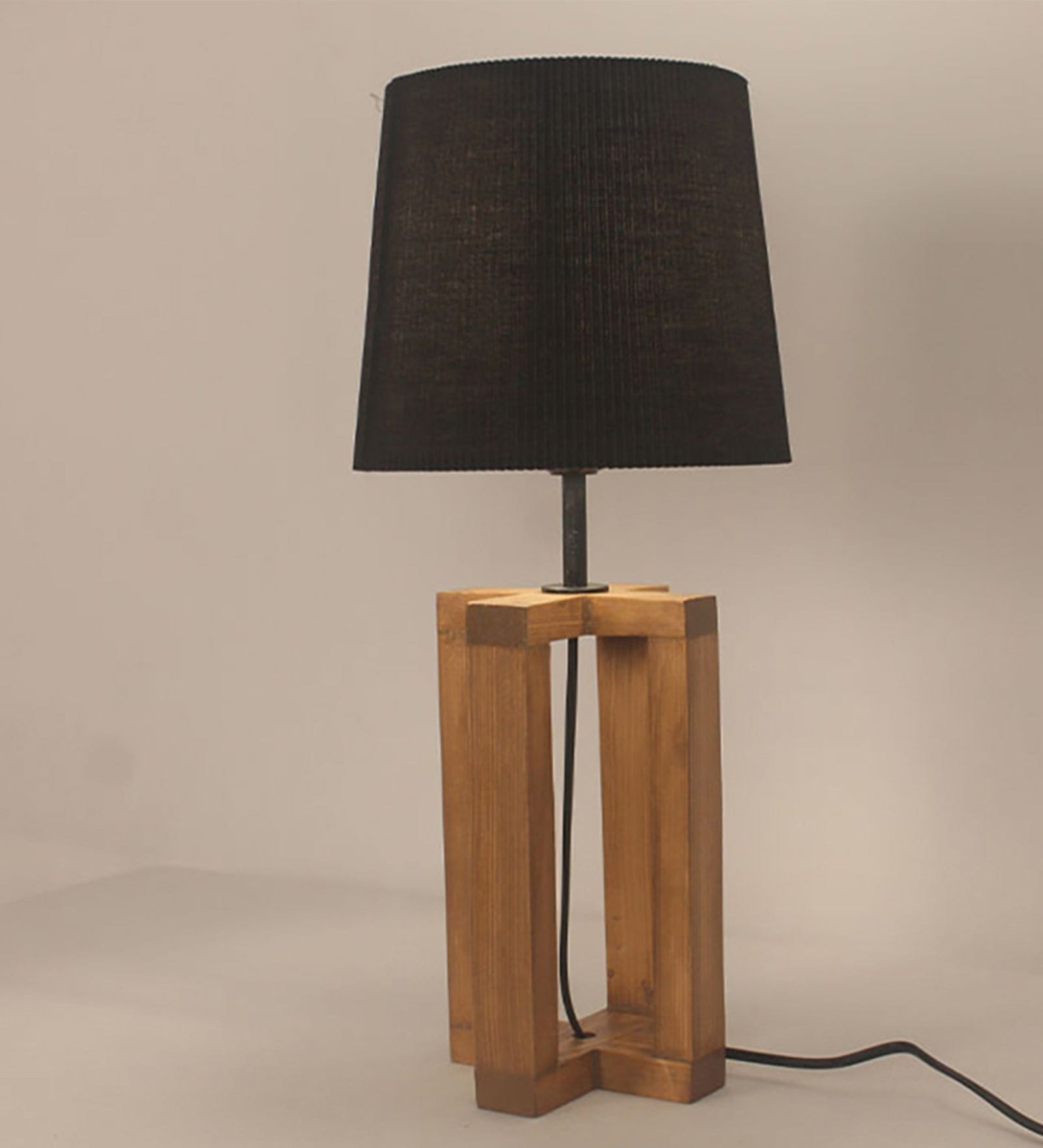 Criss Cross Brown Wooden Table Lamp with Yellow Printed Fabric Lampshade (BULB NOT INCLUDED)